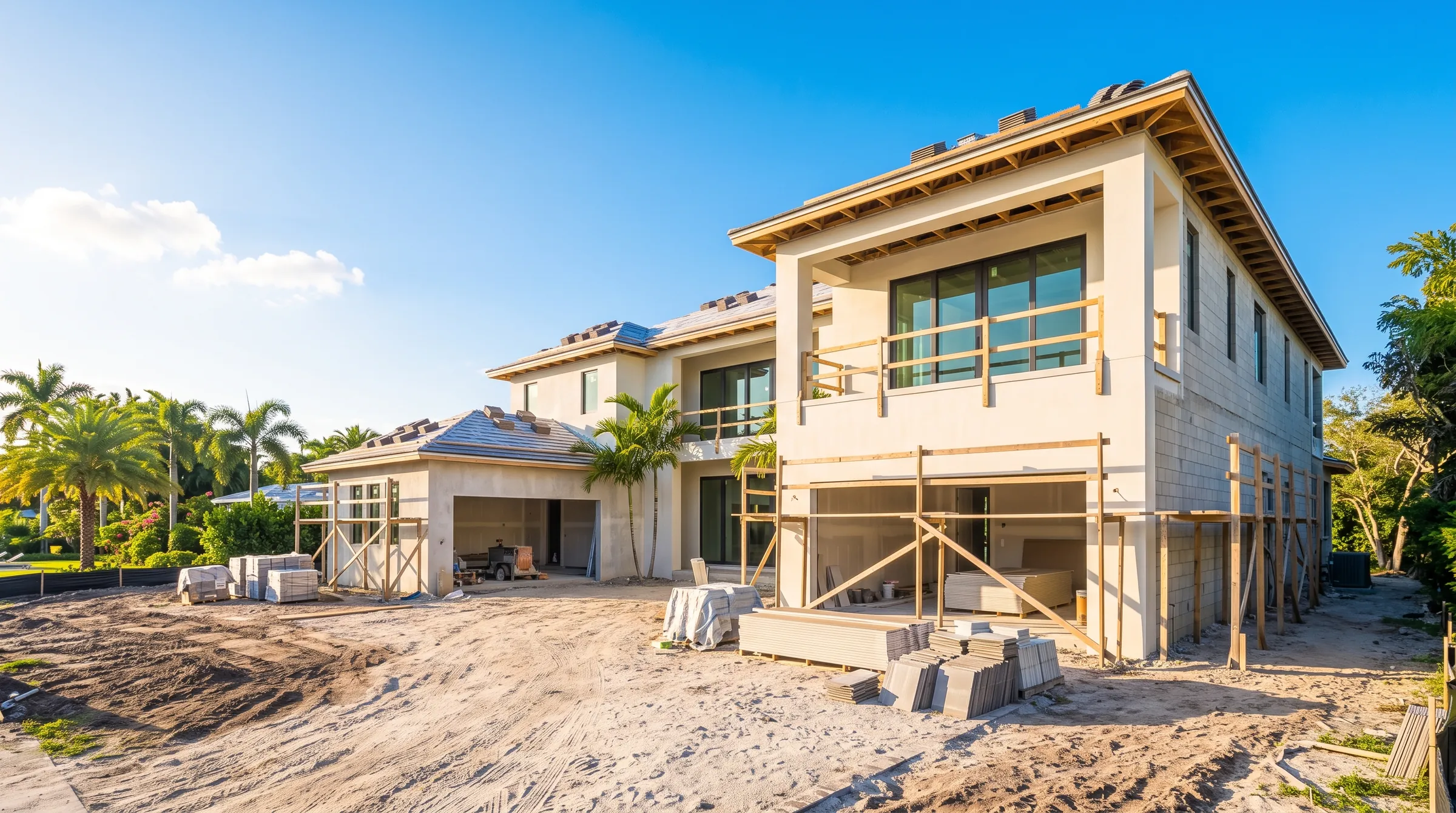 Modern two-story home under construction on a sunny lot