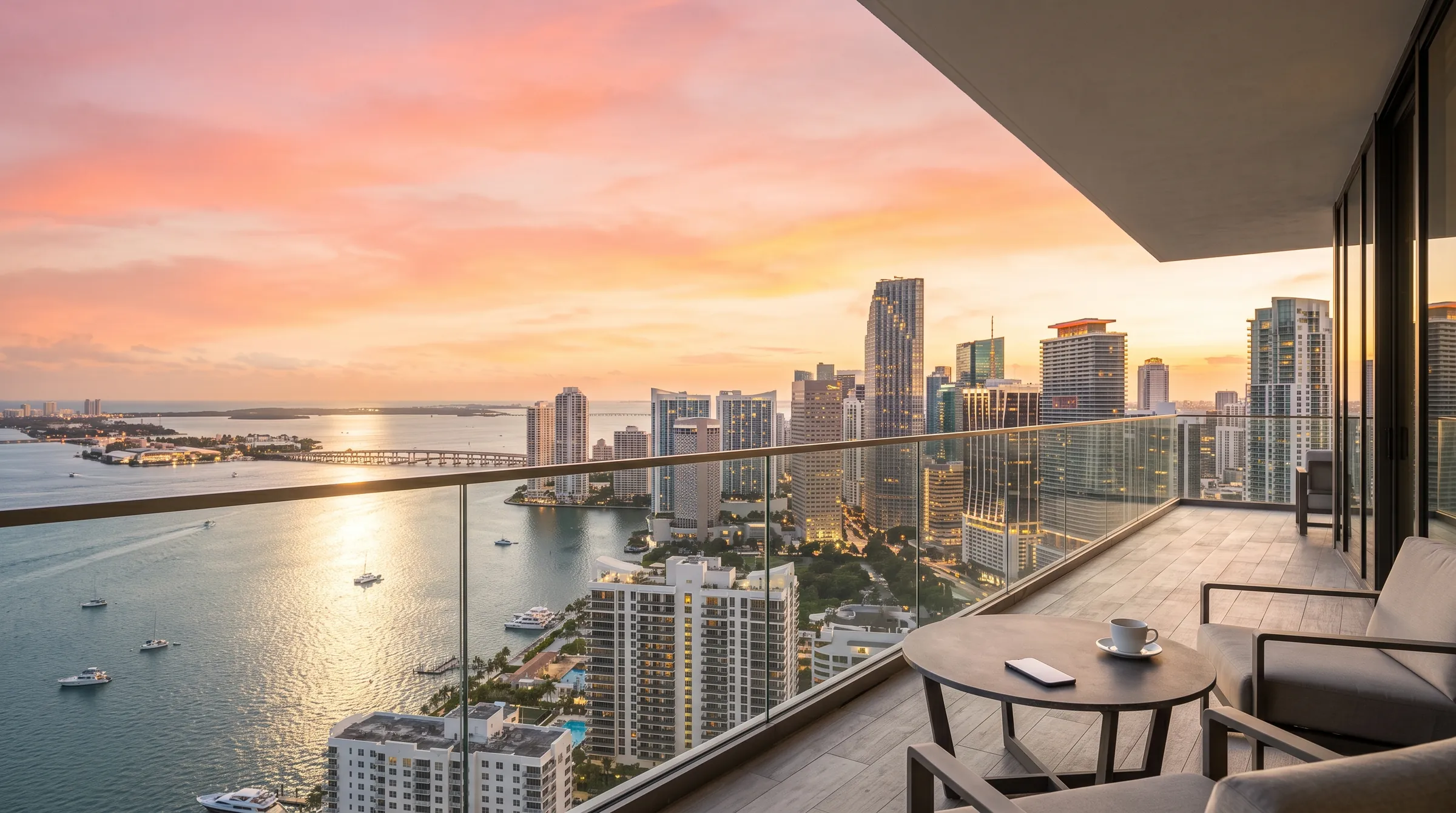 Terraza con vista a Brickell y la bahía de Biscayne al atardecer