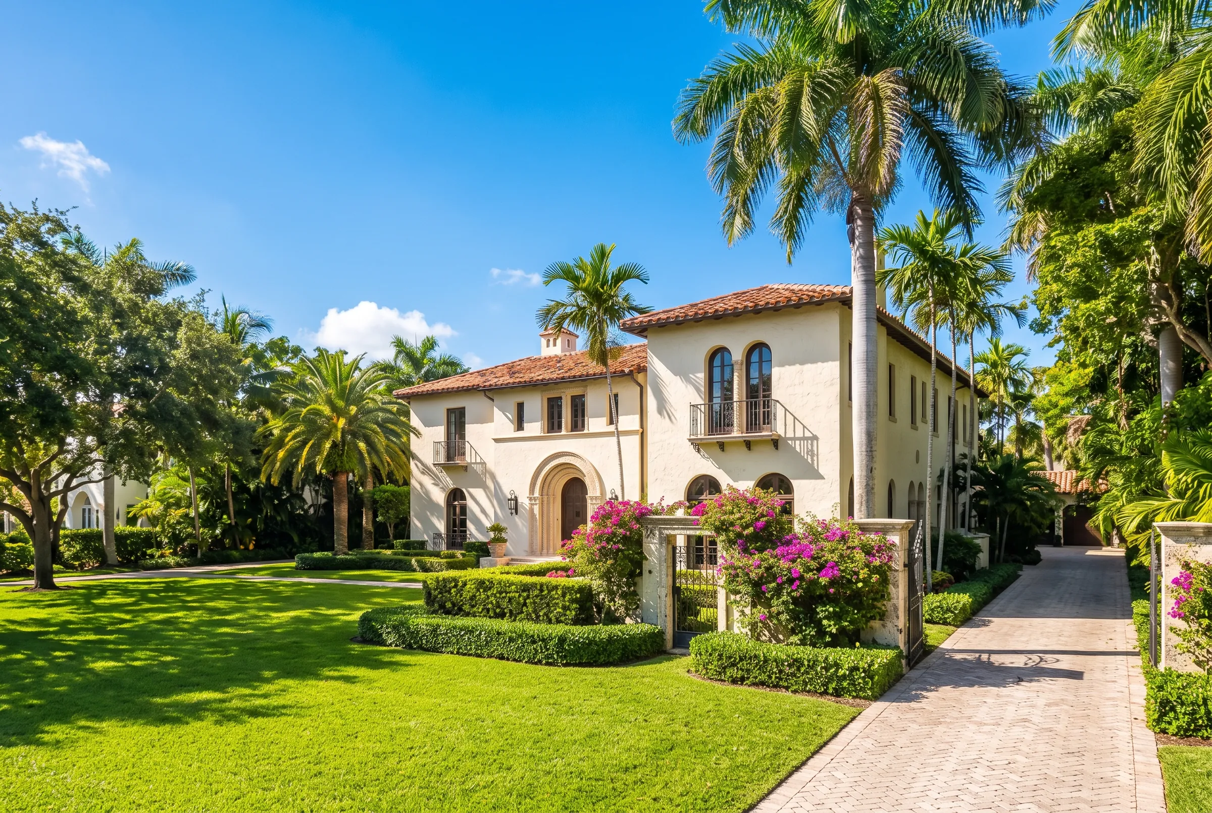 Mediterranean Revival home with a landscaped front lawn