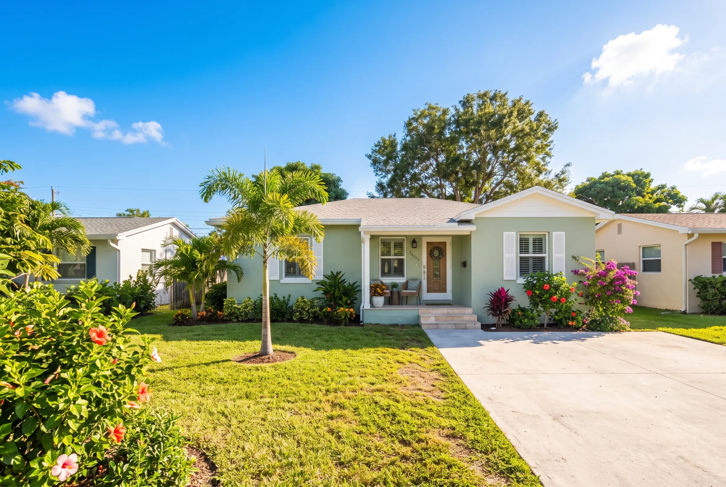 Sage-green single-family home with a palm in the front yard
