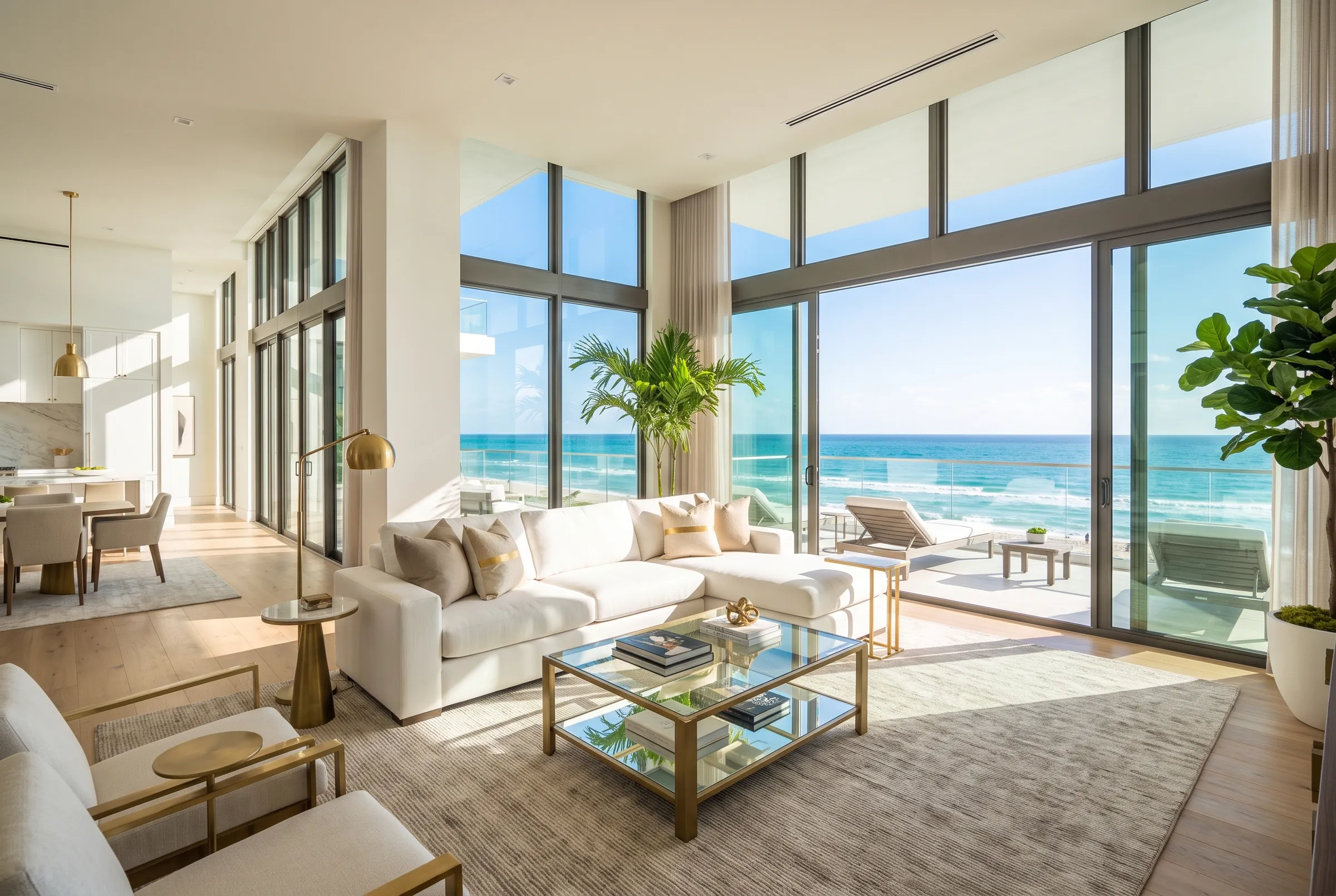 Sala de un condominio frente al mar con ventanales de piso a techo