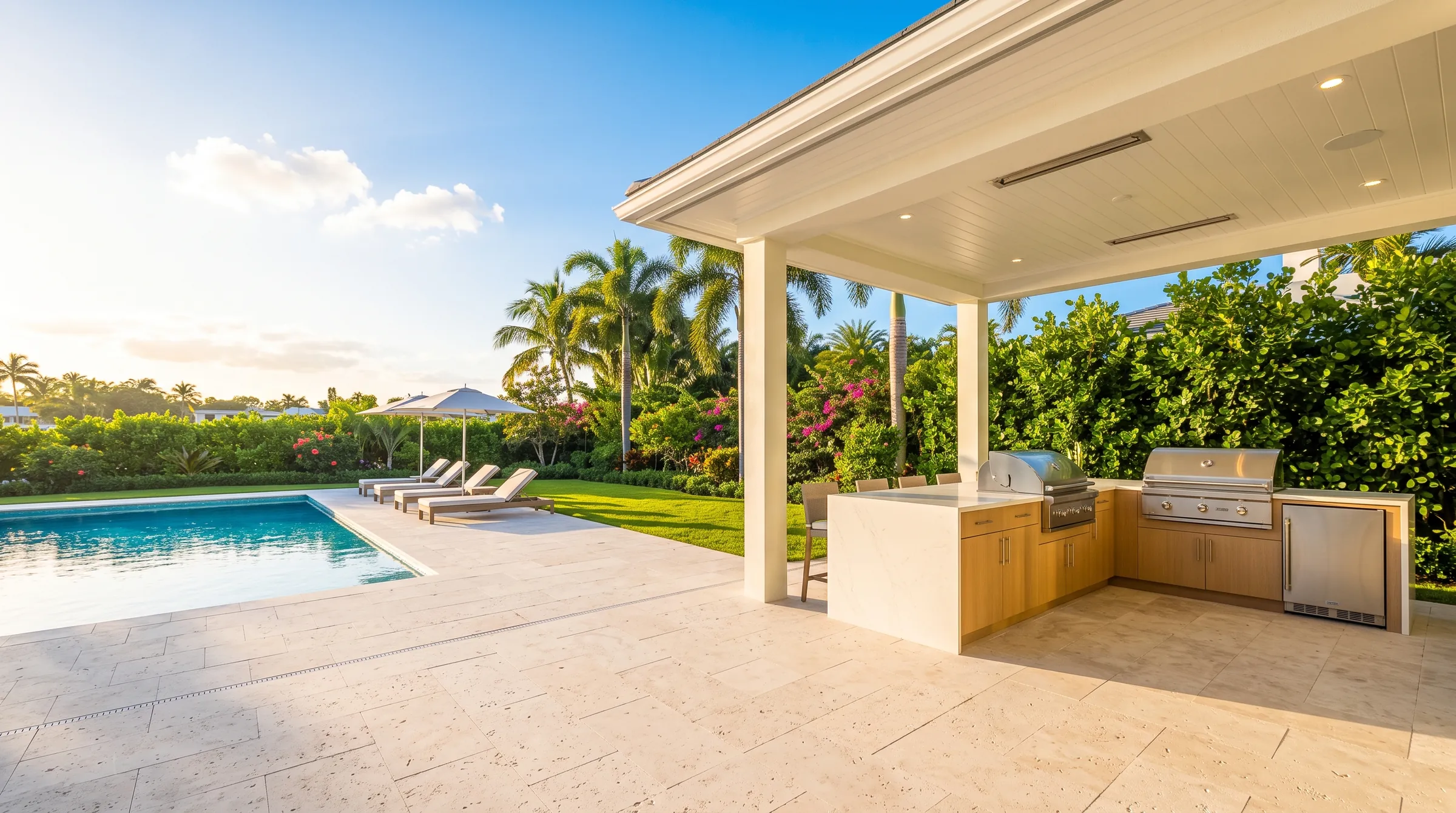 Backyard with a new outdoor kitchen, covered lanai and pool