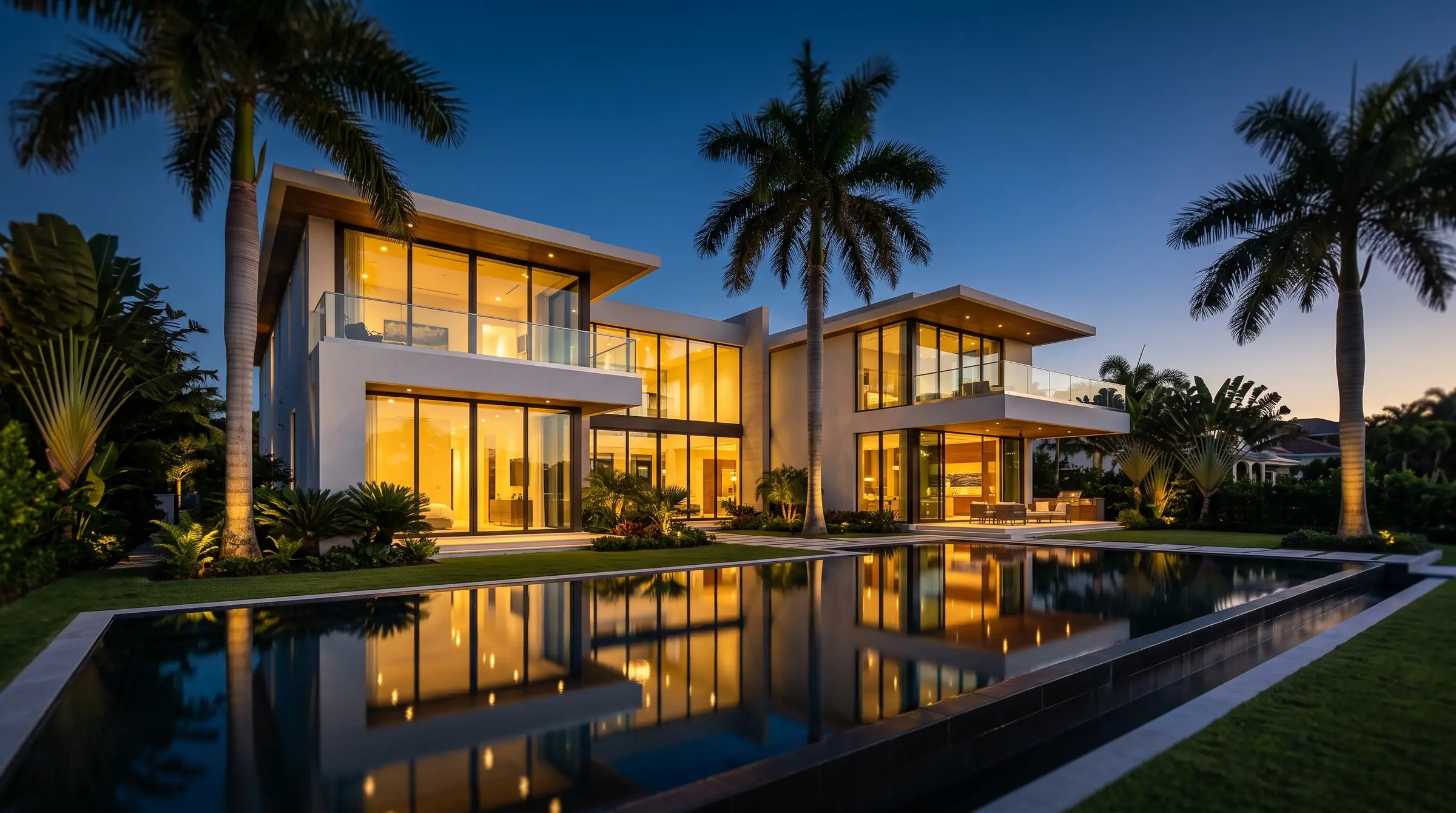 Modern South Florida home at dusk with a lit pool