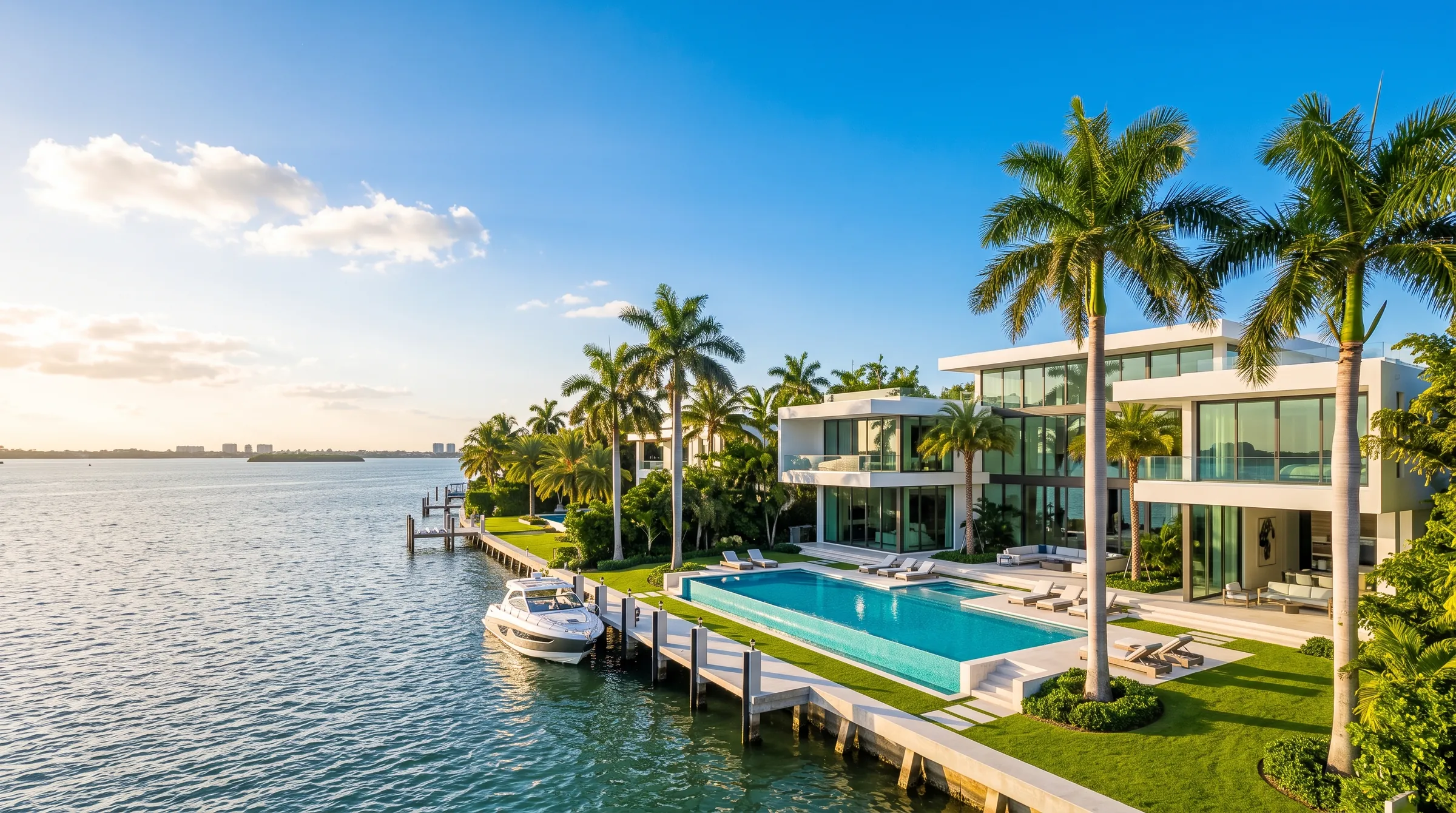 Residencia frente al agua con piscina infinita y muelle privado en la bahía de Biscayne