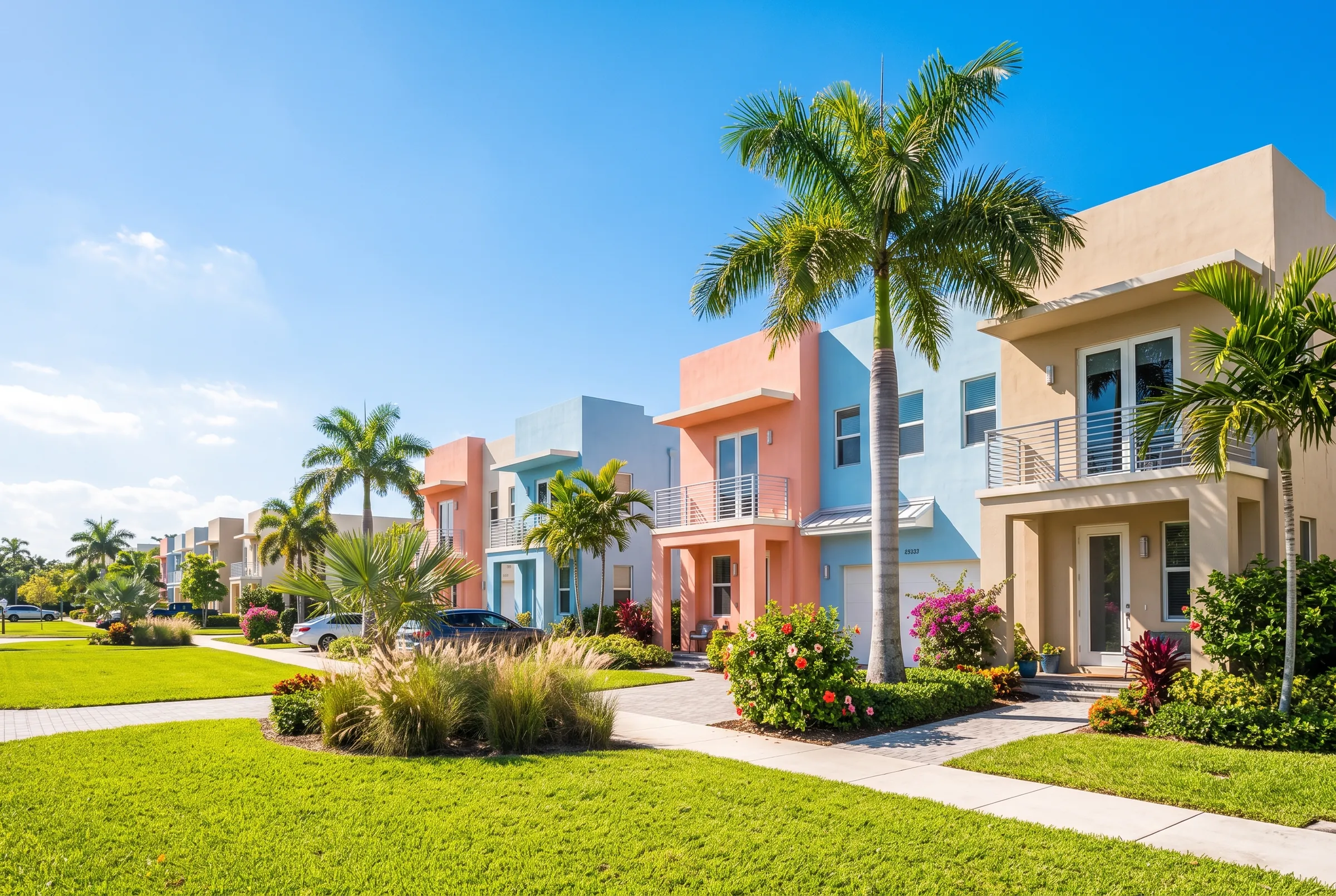 Row of pastel townhomes with palm trees