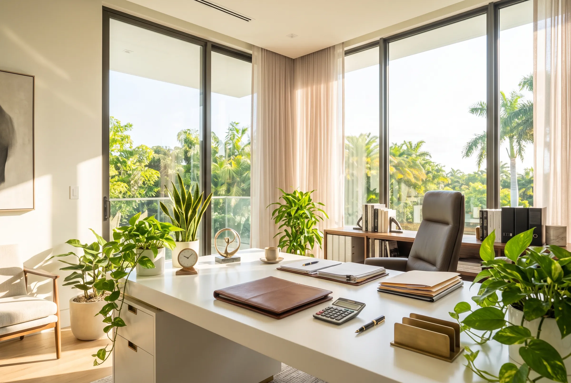 Bright home office with a laptop, calculator and leather portfolio