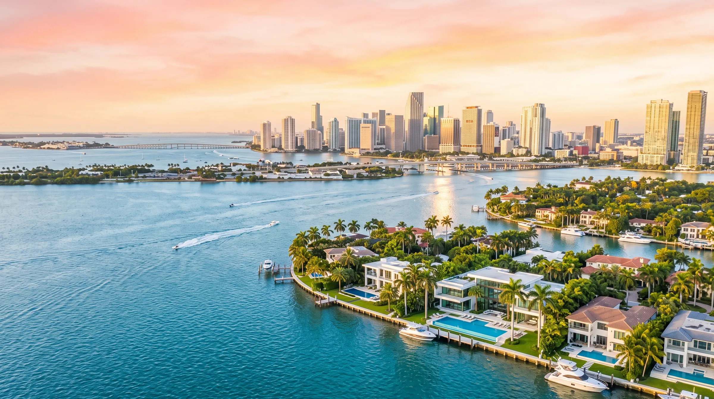 Vista aérea del horizonte de Miami y casas frente a la bahía de Biscayne