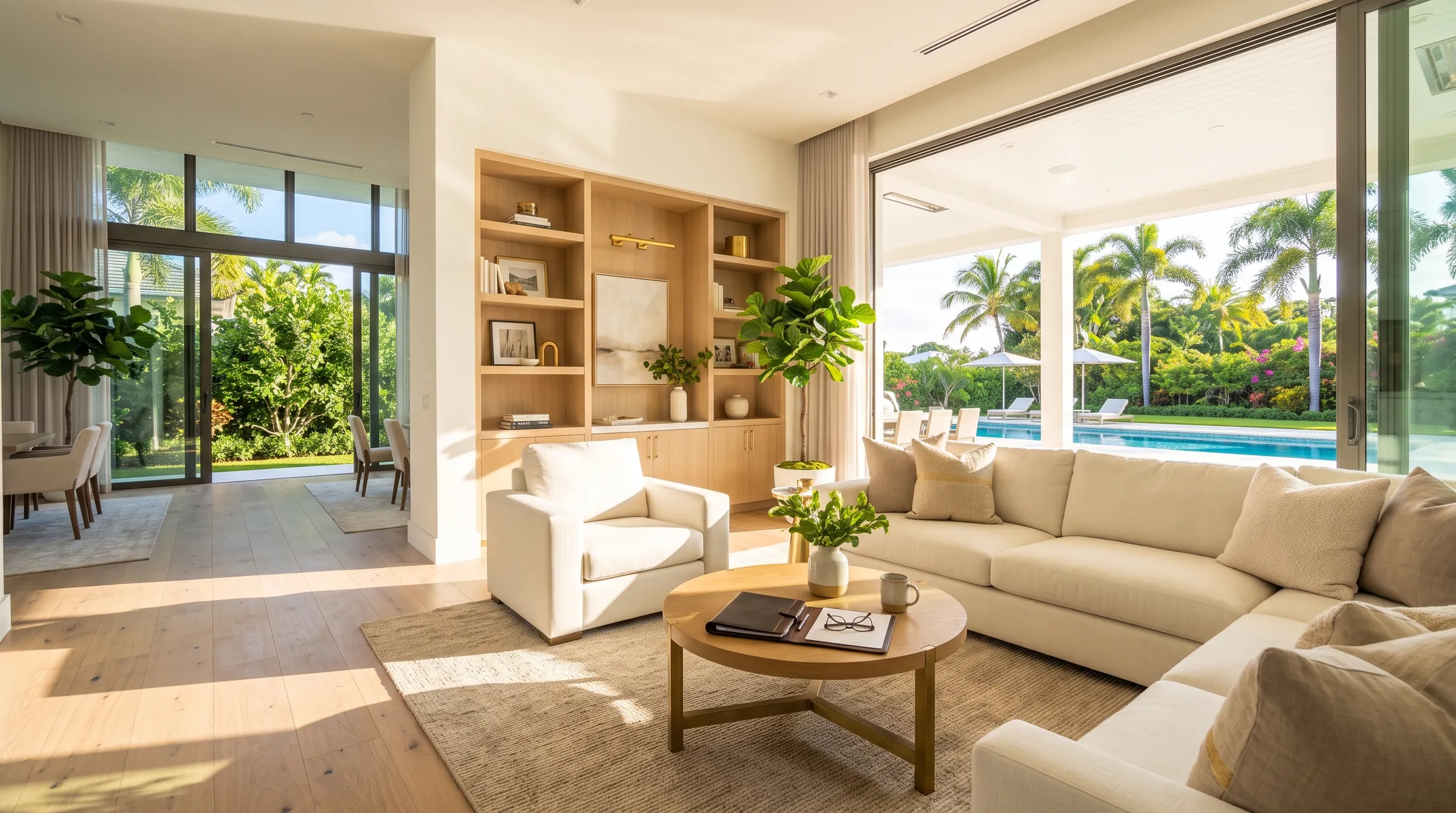 Bright living room with glass doors opening to a garden and pool