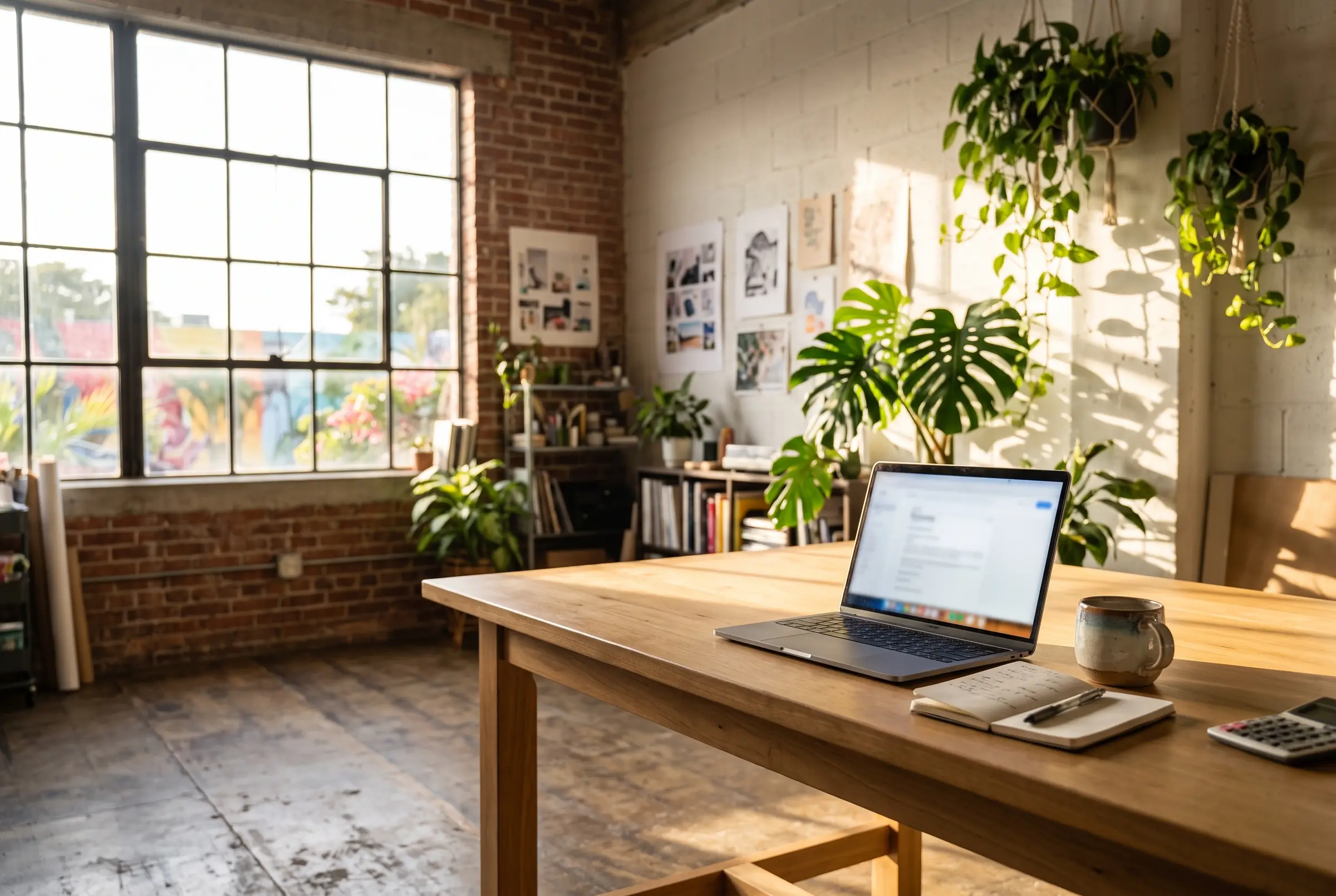 Sunlit small business studio with a laptop on a worktable