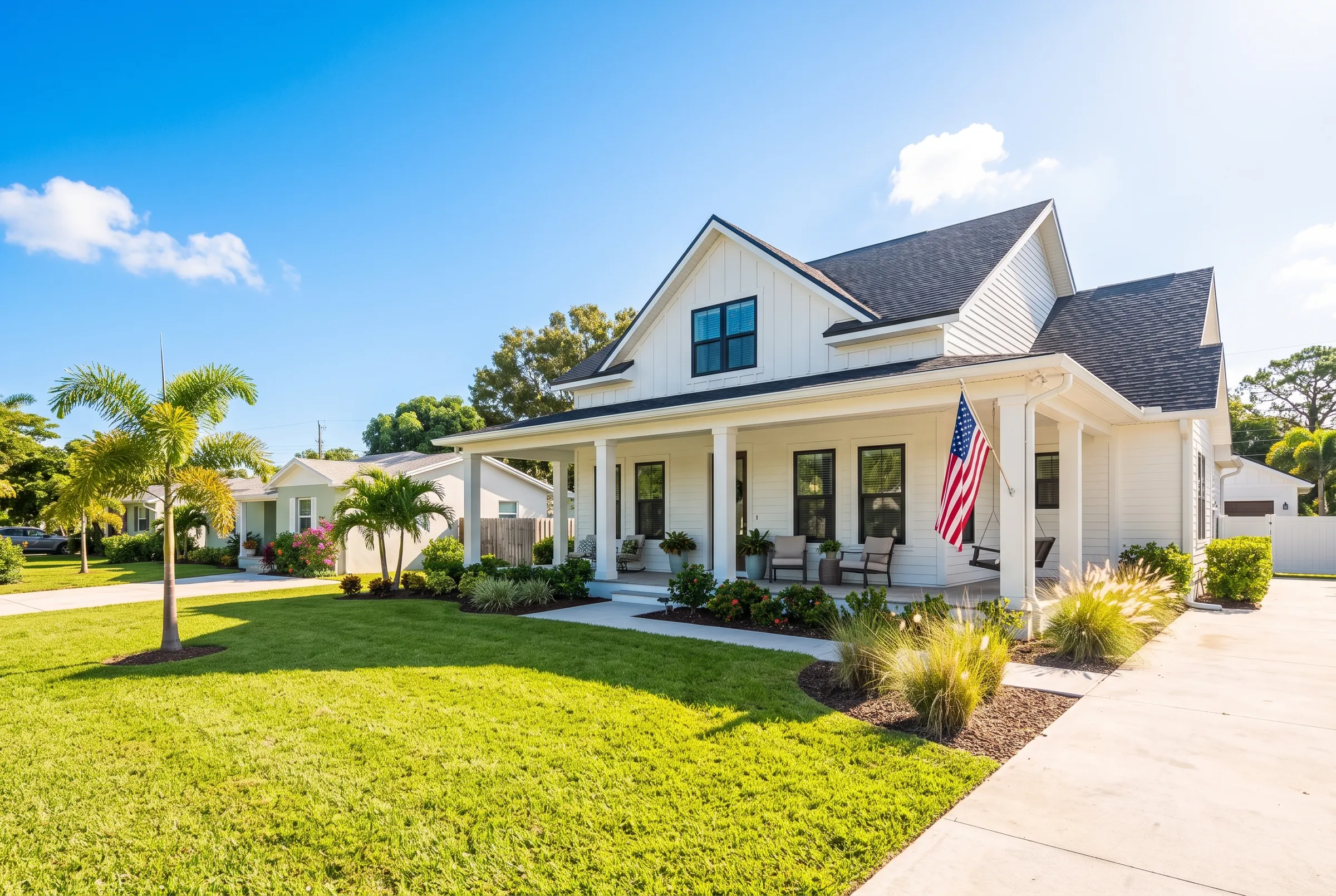 White farmhouse-style home with an American flag on the porch