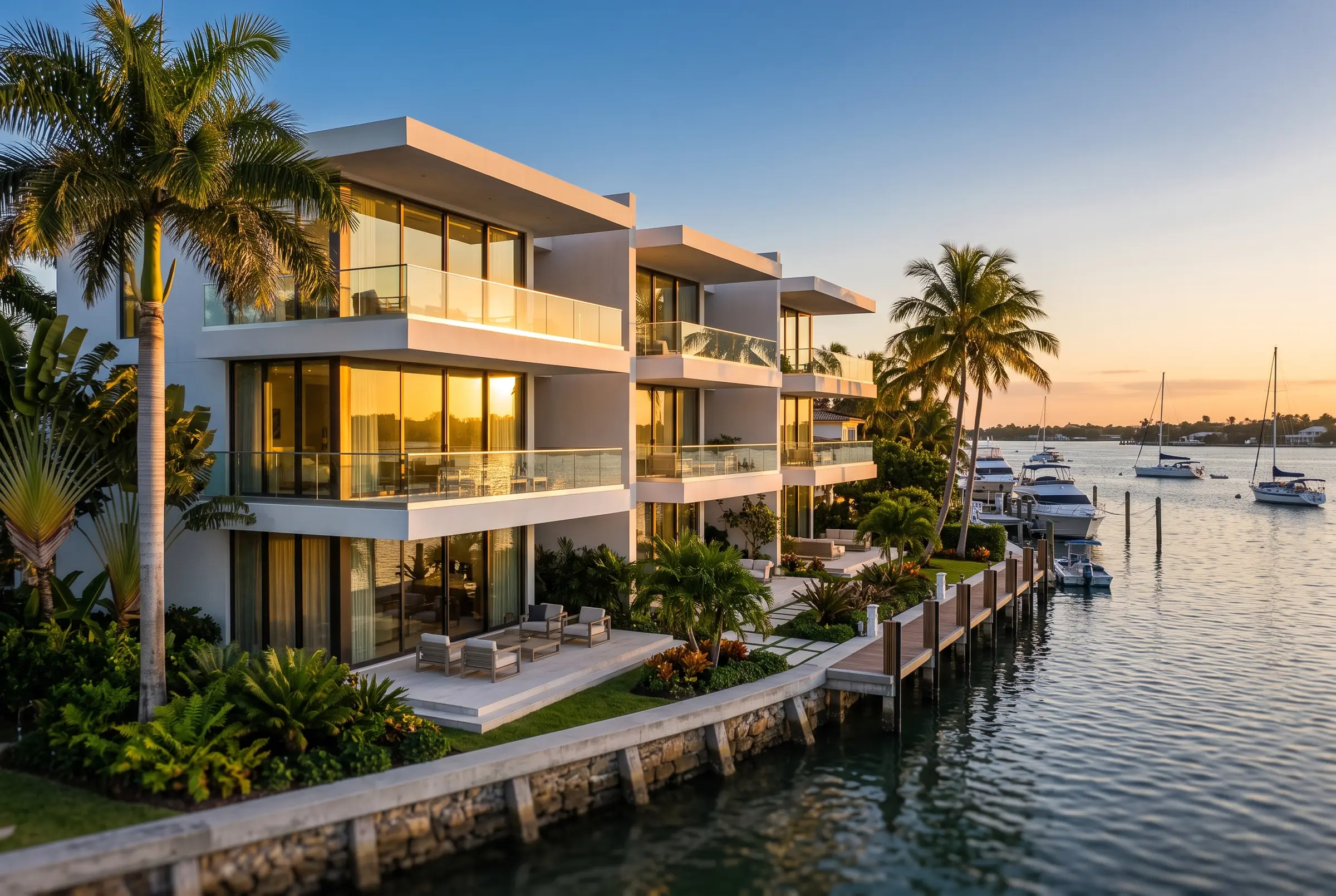 Waterfront rental building on the bay at golden hour
